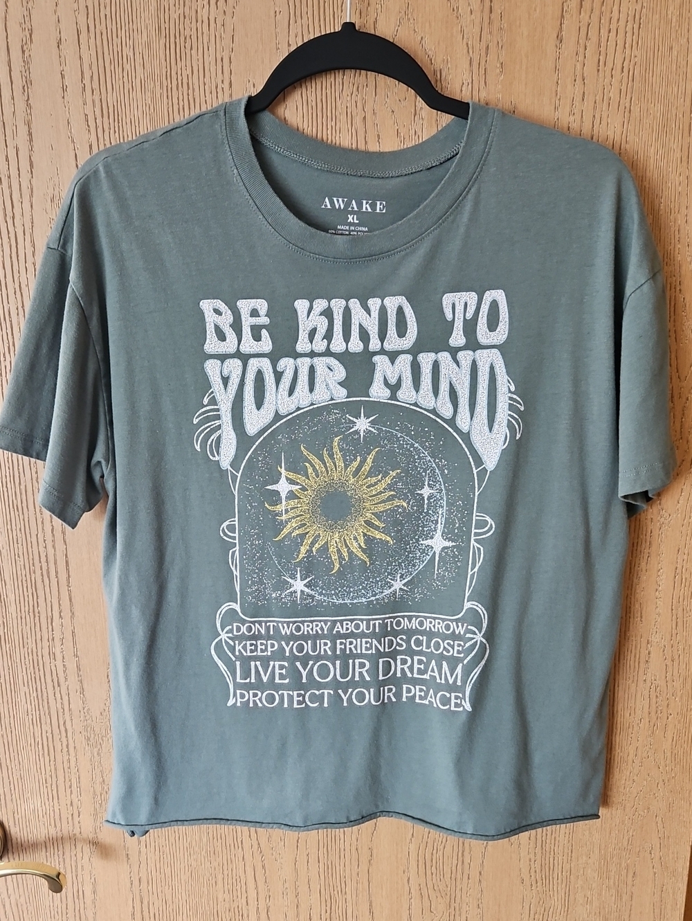 AWAKE Olive Green Short-Sleeve Graphic Tee with Gold Sun